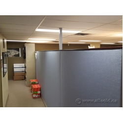 Blue Fabric Panel Office Cubicle Dividers, Dark Wood Trim